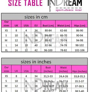 Puede incluir: Tabla de tallas para ropa deportiva y de baile, con tallas en cent&iacute;metros y pulgadas. La tabla incluye medidas de busto, cintura y cadera, con tallas del Reino Unido, EE. UU. y la UE correspondientes. La marca "INDREAM" es visible.