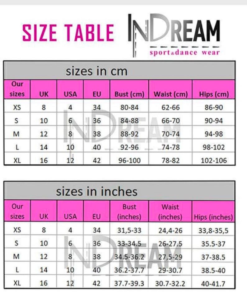 Puede incluir: Tabla de tallas para ropa deportiva y de baile, con tallas en cent&iacute;metros y pulgadas. La tabla incluye medidas de busto, cintura y cadera, con tallas del Reino Unido, EE. UU. y la UE correspondientes. La marca "INDREAM" es visible.