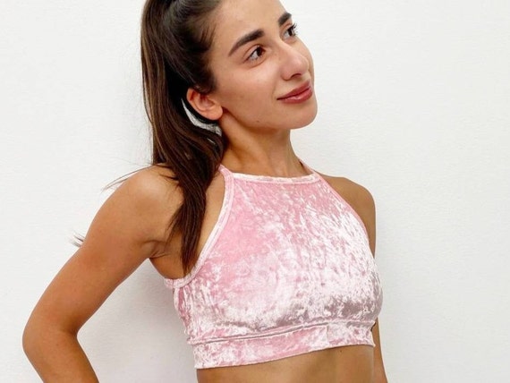 Pole Dance Bra Baby Pink Velvet Crop Top, Dance Outfits, Cheeky Halter Crop  Bralette Festival Tank 