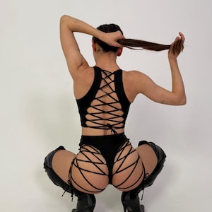 Booty shorts and corset top lace-up set for rave & Pole Dance aerial outfits image 12