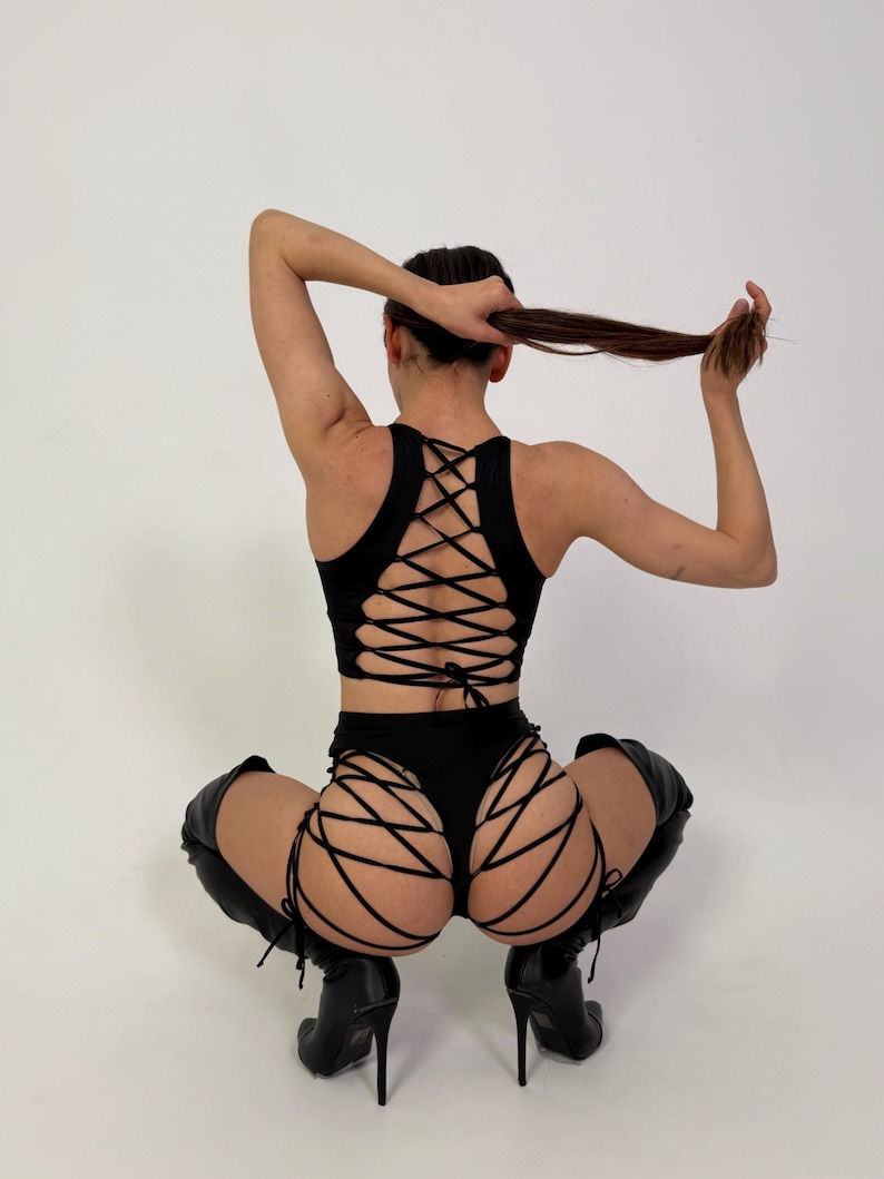 Booty shorts and corset top lace-up set for rave & Pole Dance aerial outfits image 12