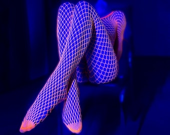 Neon acid fishnet top and tights Orange UV reactive disco party Fishnet stockings fishnet panty hosedance rave bodysuitoutfits