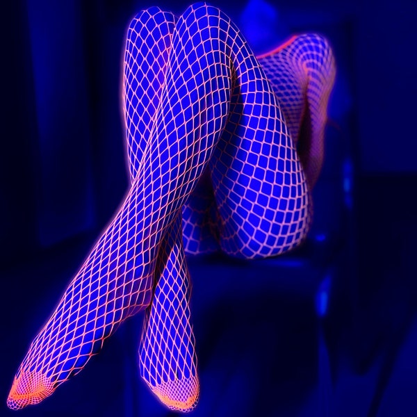 Neon acid fishnet top and tights Orange UV reactive disco party Fishnet stockings fishnet panty hosedance rave bodysuitoutfits