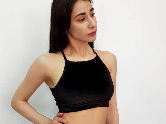 Pole Dance Sports Bra Black Velvet Crop Top, Dance Outfits, Cheeky Halter  Crop Bralette Festival Tank 