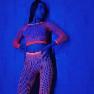 Neon acid fishnet top and tights Orange UV reactive fishnet stockings Blacklight rave  outfits