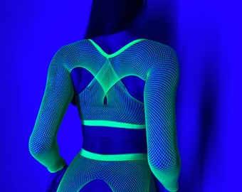 Blacklight rave damesoutfits worden verzonden vanuit de VS Neonzuur visnet top en bodystocking panty's UV-reactieve visnet lingerie