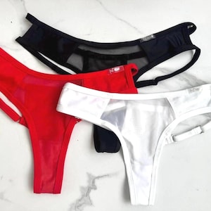 String lingerie set of 3 strappy thong with adjustable straps black red and white