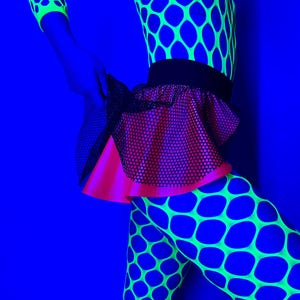 Blacklight rave set outfits UV reactive mesh catsuit and Mini skirt belt with clips cosplay costume for festivals Pole dance