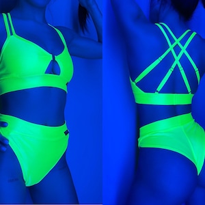 Blacklight outfits for rave top UV reactive Key hole front bra and panties Front braltette festival glow in black light neon tank and string