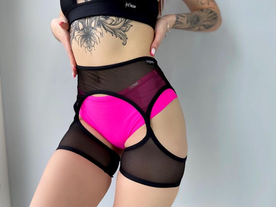 Transparent Lingerie Garter Belt of See Through Mesh With Coquette Bows