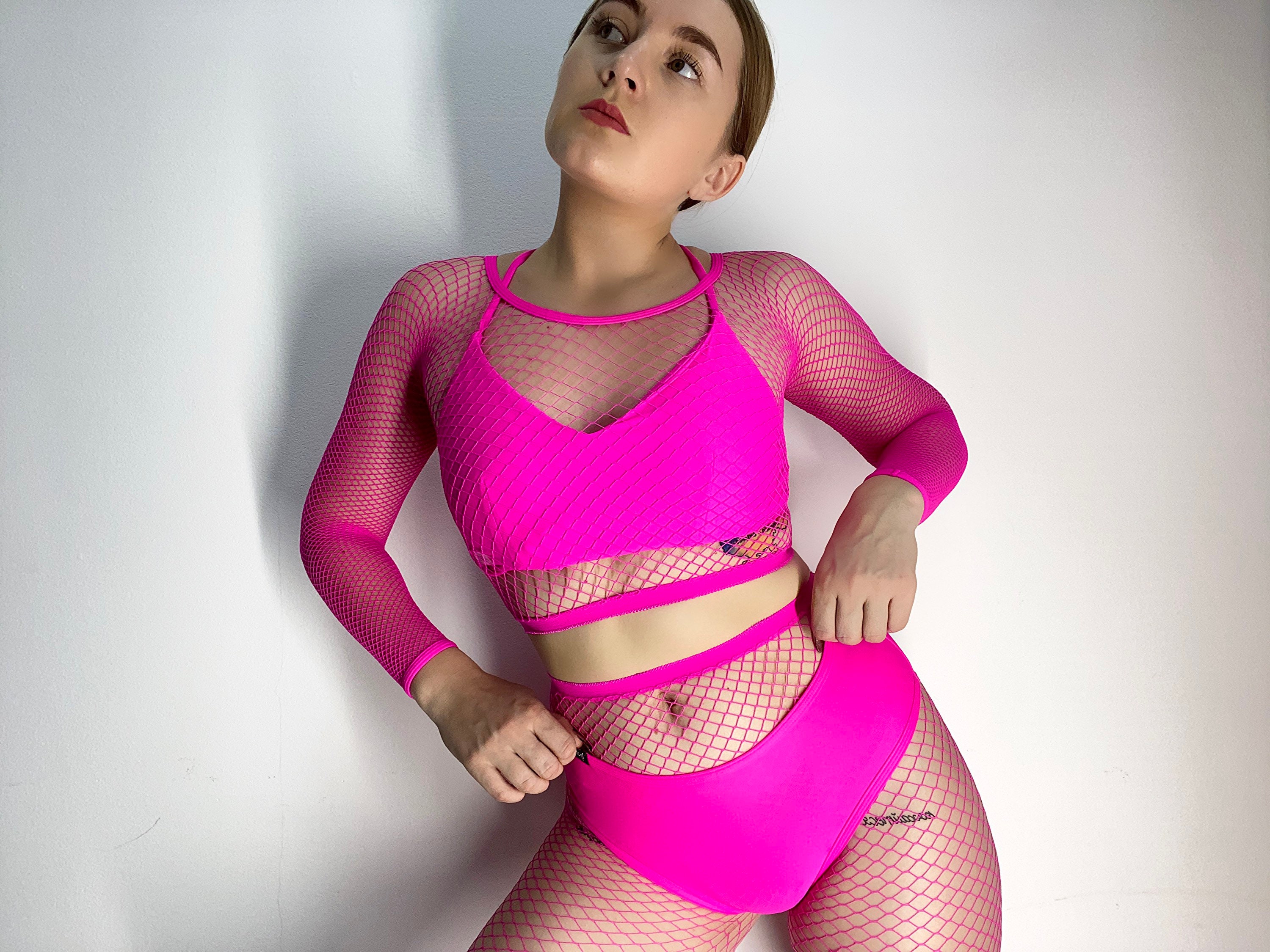Mesh Crop Top Hot Pink Fishnet Long Sleeve Top and Tights for Rave