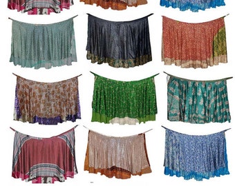 50 PC Lot Indian Silk Women & Girls Boho Hippie Multi Color Assorted Design Summer Two Layer Reversible Skirt Wrap Around Silk Sari Skirt