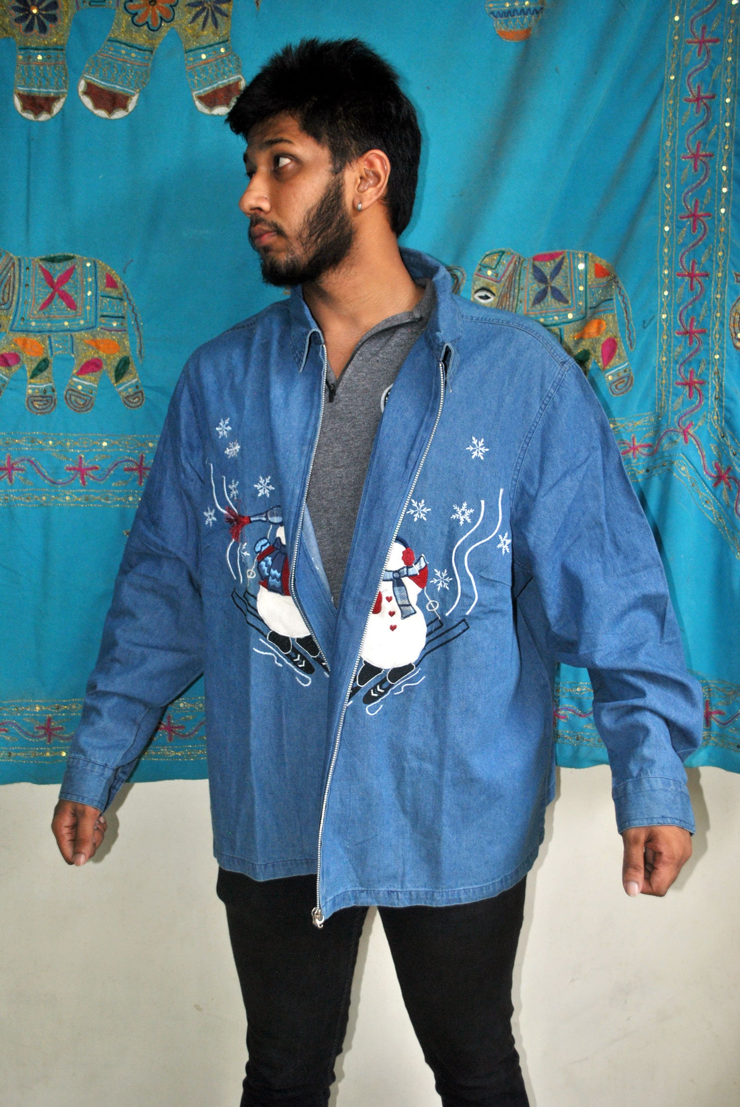 Indian cotton embroidered denim jacket embroidered holiday  etsy