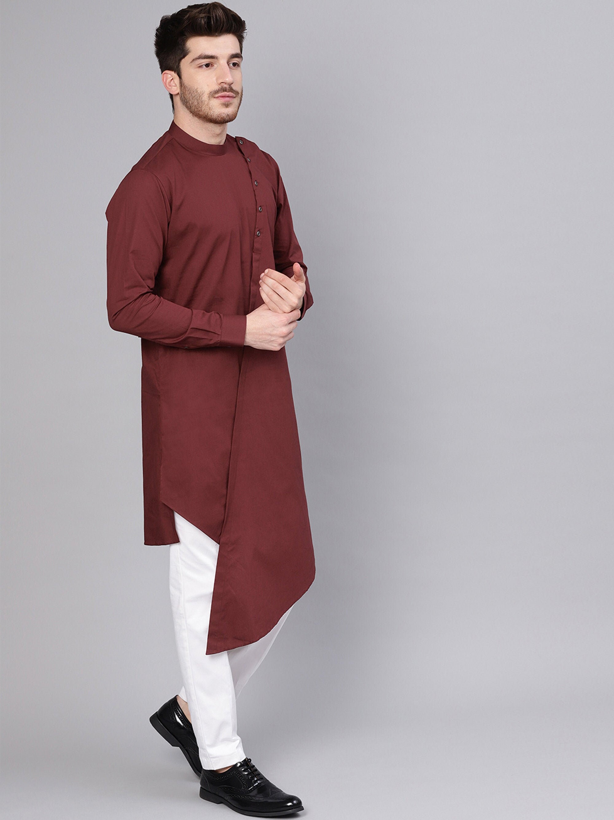Indian Maroon Cotton Shirt Kurta Solid Top Tunic Mans Etsy
