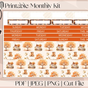 Acogedoras pegatinas del planificador imprimibles de otoño, kit de pegatinas mensuales imprimibles, se adapta a Erin Condren, Recuerdo, A5 ancho, Elige tu mes