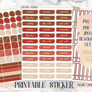 May include: Printable planner stickers in blush and indigo colours. The stickers include days of the week, "this week", "next week", and various shapes and sizes. The image also includes text that says "PNG FILES", "PDF FILES", "JPEG FILES", "BLACKOUT FILES", "CUT FILES", "Silhouette", "+", "Cricut", and "PRINTABLE STICKER BLUSH & INDIGO Planner".