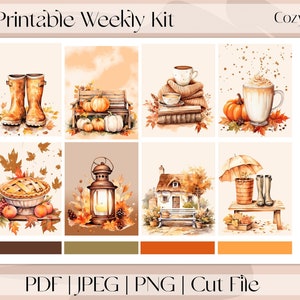 Otoño acogedor - Pegatinas de planificador imprimibles de 7"x9", kit de pegatinas semanales verticales que se adapta a Erin Condren y Recuerdo, A5 Wide Aura Estelle