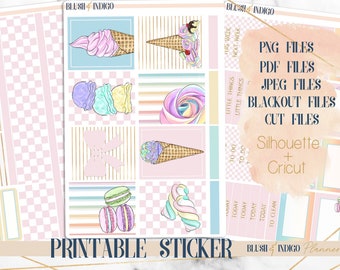 May include: Printable sticker sheet with a pink and blue checkered background. The stickers feature ice cream cones, macarons, bows, and text that says "Life is short, make it sweet".