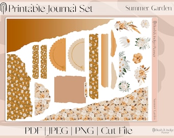 May include: A printable journal set with a summer garden theme. The set includes various shapes and sizes of torn paper with floral patterns in shades of brown and white. The text "Summer Garden" and "Blush & Indigo Planner" is visible on the image.
