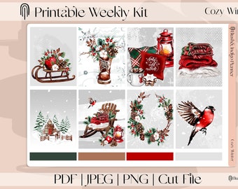 Cozy Winter - New Year Printable Planner Stickers, Vertical Weekly Kit, fits Erin Condren and Recollection, A5 Wide Aura Estelle
