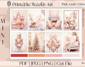 Peut inclure: Kit hebdomadaire imprimable sur le thème de Noël rose. Il comprend des illustrations à l'aquarelle d'une maison rose, de biscuits, d'un milkshake, d'une cheminée, d'un cheval de manège, d'un casse-noisette, d'un sapin de Noël, d'ornements et d'une chaise. Fichiers PDF, JPEG, PNG et de découpe.