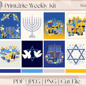 Chanuka MINI - 7"x9" Naklejki do wydrukowania, pionowy zestaw naklejek tygodniowych, pasuje do Erin Condren i Recollection, A5 Wide Aura Estelle