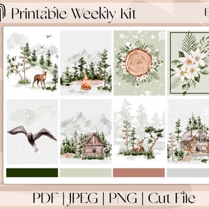 Evergreen Winter MINI-7"x9" Naklejki do wydrukowania, pionowy zestaw naklejek tygodniowych pasuje do Erin Condren i Recollection, A5 Wide Aura Estelle
