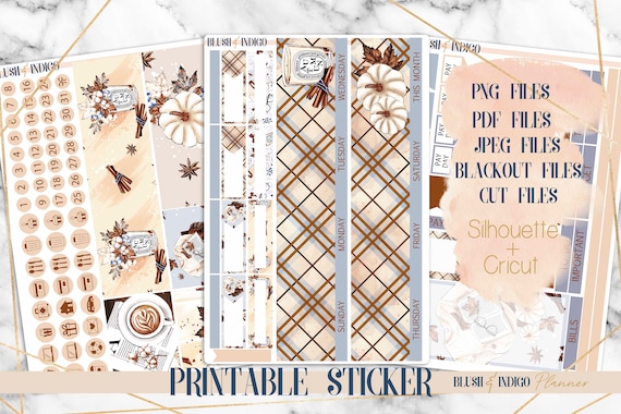 Blue Fall Printable Planner Stickers, Printable Monthly Stickers Kit, fits Erin Condren and Recollection, Choose any Month, Cut Files