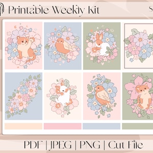 Adesivos de planejador imprimíveis Spring Joy MINI-7 "x 9", kit de adesivos semanais verticais para Erin Condren e Recollection, A5 Wide Aura Estelle