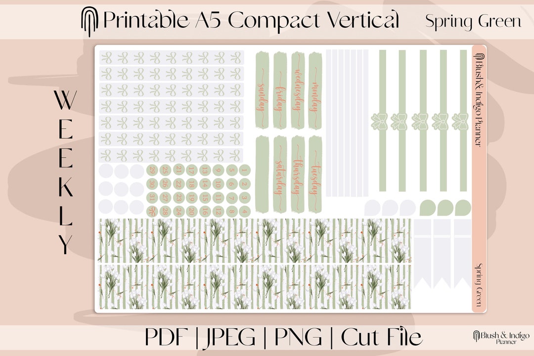 Spring Green | Printable Compact Vertical Weekly Planner Stickers A5 ...