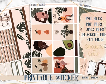 May include: Printable sticker sheet with a pink and brown color scheme. The stickers feature abstract illustrations of women, plants, and fruit. The text "Be the woman you would look up to" is on one of the stickers. The text "PNG FILES, PDF FILES, JPEG FILES, BLACKOUT FILES, CUT FILES, Silhouette + Cricut, Printable Sticker, BLUSH INDIGO Planner" is also on the sheet.