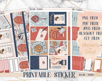 May include: Printable sticker sheet with a blue, red, and white color scheme. The stickers feature a variety of designs, including flowers, envelopes, and mailboxes. The text "BLUSH INDIGO Planner" is at the bottom of the sheet.