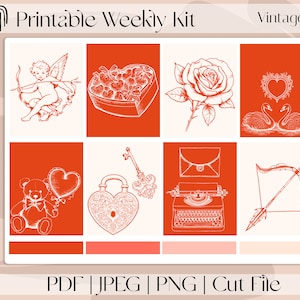 Vintage Valentine MINI-7"x9" pegatinas de planificador imprimibles, kit de pegatinas semanales verticales se adapta a Erin Condren / Recollection, A5 Wide Aura Estelle