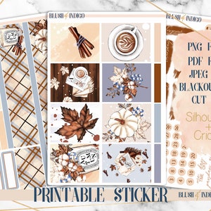 Pegatinas de planificador imprimibles de otoño azul, kit de pegatinas semanales imprimibles, se adapta a Erin Condren y recuerdo, pegatinas del planificador, archivos cortados