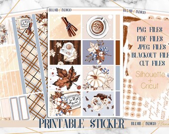 Planificateur d'autocollants imprimables bleu automne, kit d'autocollants hebdomadaires imprimables, pour Erin Condren et Recollection, autocollants d'agenda, fichiers coupés