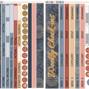 May include: A printable budget planner with a celestial theme. The planner includes sections for monthly budget, weekly check-ins, and spending tracking. The design features gold stars, moons, and suns on a dark blue background.