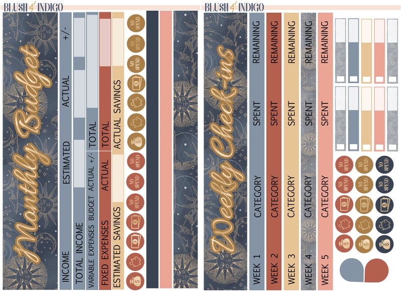 May include: A printable budget planner with a celestial theme. The planner includes sections for monthly budget, weekly check-ins, and spending tracking. The design features gold stars, moons, and suns on a dark blue background.