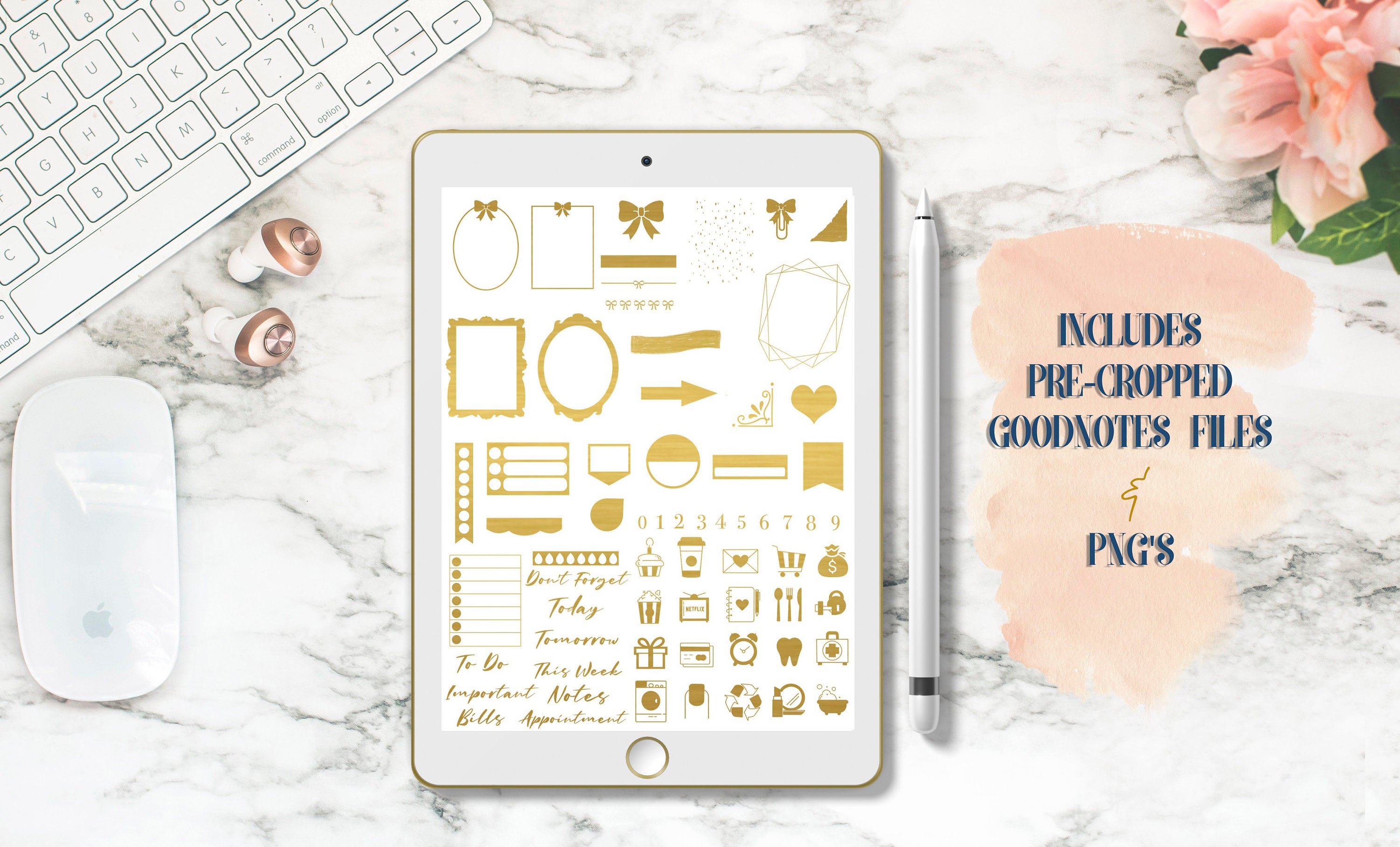Gold Functional and Deco Digital Sticker Kit | Goodnotes & iPad ...