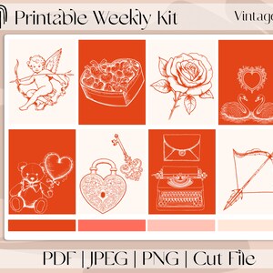 Naklejki do wydrukowania w stylu vintage Valentine Planner, pionowy zestaw tygodniowy, pasujące do Erin Condren i Recollection, A5 Wide Aura Estelle
