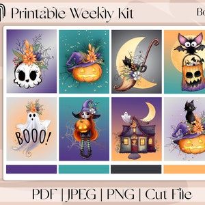 Boo To You Halloween-7"x9" Pegatinas de planificador imprimibles, kit de pegatinas semanales verticales que se adapta a Erin Condren y Recollection, A5 Wide Aura Estelle