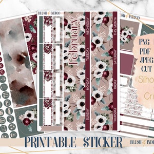 Pegatinas del planificador imprimibles de febrero, kit de pegatinas mensuales imprimibles, se adapta a Erin Condren, Recuerdo, para Cricut y Silhouette