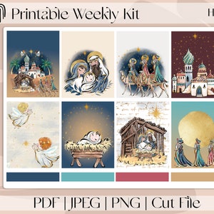 Planificador imprimible Holy Night Christmas MINI-7"x9", kit de pegatinas semanales verticales que se adapta a Erin Condren y Recollection, A5 Wide Aura Estelle