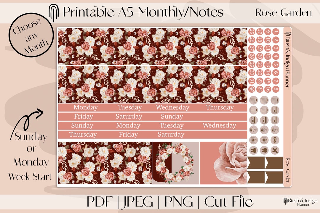 ROSE GARDEN | Printable A5 Monthly and Dashboard Planner Stickers ...