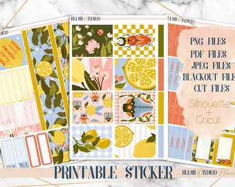 Pegatinas imprimibles para planificador de verano con flores de limón, kit de pegatinas semanales imprimibles, compatible con Erin Condren y Recollection, pegatinas para planificador