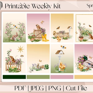 Spring Garden MINI-7"x9" Pegatinas de planificador imprimibles, kit de pegatinas semanales verticales que se adapta a Erin Condren / Recollection, A5 Wide Aura Estelle