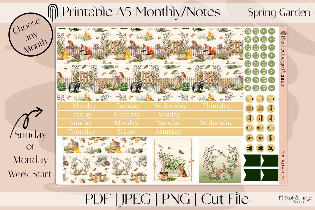 SPRING GARDEN | Printable A5 Monthly and Dashboard Planner Stickers ...