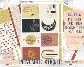 May include: Printable sticker sheet with a boho theme. The stickers feature a variety of designs, including hands, suns, moons, rainbows, and cacti. The stickers are in shades of yellow, orange, red, brown, and blue. The text "PRINTABLE STICKER" is at the bottom of the sheet.