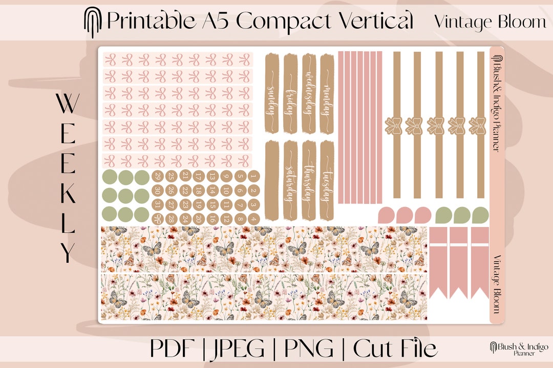 Vintage Bloom | Printable Compact Vertical Weekly Planner Stickers A5 ...
