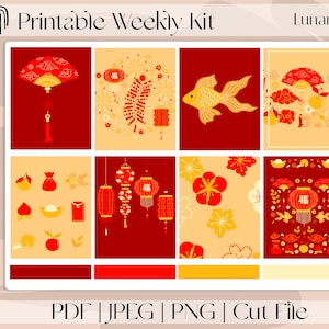 Pegatinas imprimibles del planificador de Año Nuevo LUNAR / Año Nuevo Chino, kit semanal vertical, se adapta a Erin Condren y Recuerdo, A5 Wide Aura Estelle