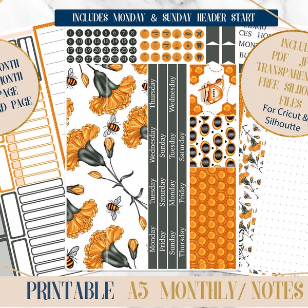 Honey Bee Printable A5 Monthly and Dashboard Planner Stickers | Erin Condren | Bullet Journal